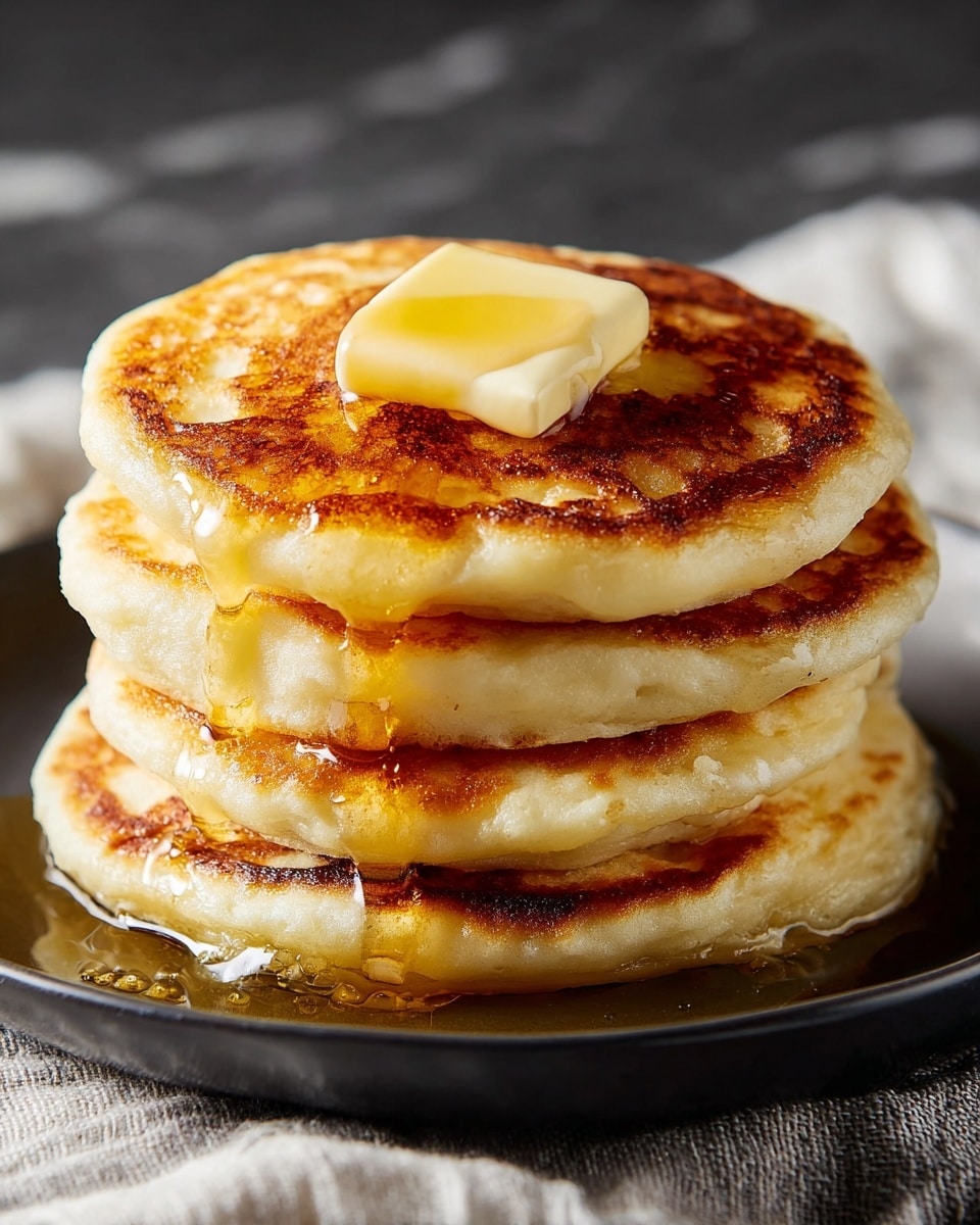 A stack of three thick, golden-brown pancakes sits on a white plate, each pancake showing a slightly crispy, textured surface with small holes and browned edges. On top of the stack is a square pat of slightly melted butter with a rich yellow color, glistening as it melts down the warm pancakes. The pancakes are fluffy with soft, pale yellow sides visible beneath the golden-brown tops. The white plate rests on a white marbled texture. photo taken with an iphone --ar 4:5 --v 7