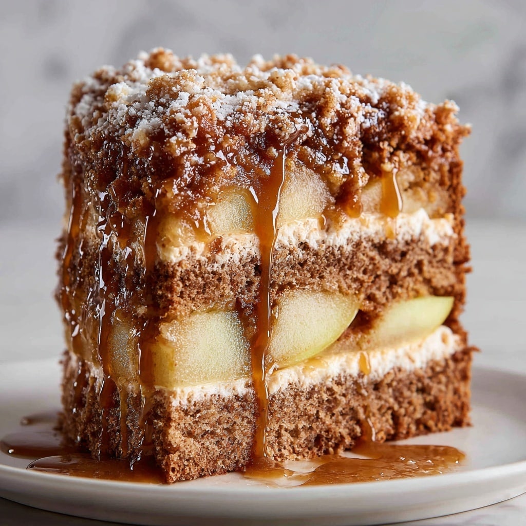 A close-up of a thick slice of apple cake with three main layers: the bottom layer is a dense, moist golden-brown cake with visible pieces of cooked apple inside; the middle layer consists of soft, caramelized apple slices covered in a shiny, sticky caramel sauce that drips slightly down the sides; the top layer is a textured, crumbly cake crust sprinkled with powdered sugar, with irregular apple chunks peeking through. The cake slice sits on a white plate with a white marbled texture in the background. Photo taken with an iphone --ar 4:5 --v 7
