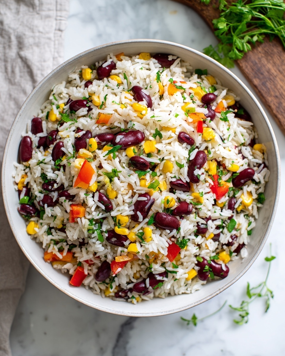 A white bowl filled with colorful mixed rice salad, showing a single layer evenly spread out. The layer has white rice grains scattered with dark red kidney beans, black beans, and bright yellow corn kernels. Small green herb pieces are sprinkled throughout, along with red bell pepper chunks, adding fresh colors and texture. The dish sits on a white marbled textured surface, with a wooden board and some green herbs partially visible at the top right corner. photo taken with an iphone --ar 4:5 --v 7