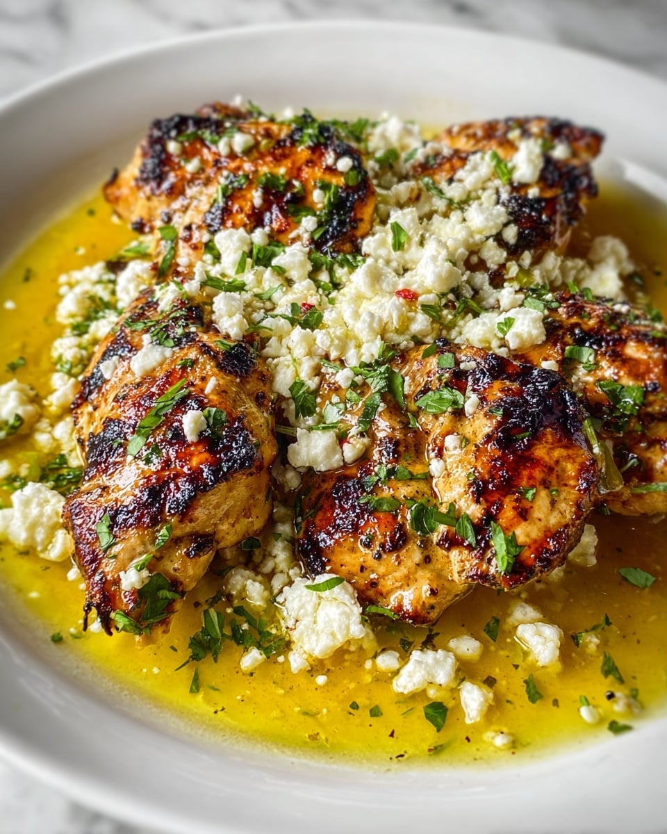 The image shows a close-up of a dish with four grilled chicken breasts that have a dark brown, charred texture with visible grill marks. The chicken sits on a layer of creamy white crumbled cheese, which has a soft and slightly crumbly texture. Fresh green parsley leaves are sprinkled on top and around the chicken, adding a fresh green color contrast. The dish is placed on a white plate set against a white marbled surface, and the lighting highlights the juicy, glazed look of the chicken and the softness of the cheese. photo taken with an iphone --ar 4:5 --v 7