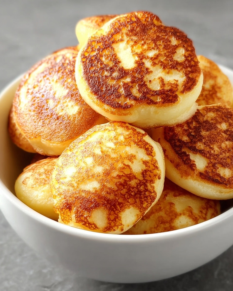 A white bowl filled with many small, round pancakes piled unevenly, each pancake golden brown on the top and lighter yellow on the sides, showing a fluffy, soft texture. The pancakes have a slightly uneven surface with some browned spots creating a warm, cooked look. The bowl sits on a white marbled surface with a soft cloth beneath it, adding a cozy, home-cooked feel. Photo taken with an iphone --ar 4:5 --v 7