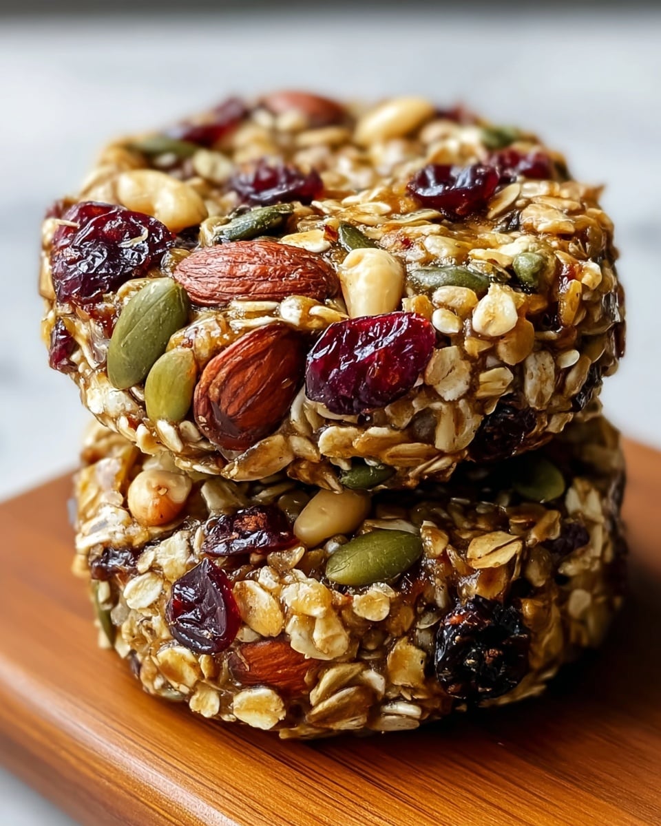 A stack of four round granola cookies on a white marbled surface, each cookie showing a dense texture full of oats, pumpkin seeds, almonds, and dark dried fruit pieces like raisins or cranberries. The cookies have a golden-brown color with greenish pumpkin seeds scattered on top and throughout, giving a crunchy appearance. Around the stack are a few whole almonds lying on the surface, adding to the rustic feel. The background is softly blurred, emphasizing the cookies. Photo taken with an iphone --ar 4:5 --v 7