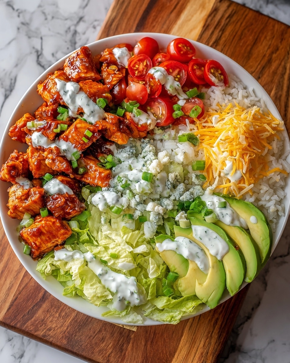 A white bowl filled with a layered dish starting with a base of white rice on one side, topped with a layer of diced cooked chicken coated in a bright orange sauce, garnished with chopped green onions and drizzled with creamy white dressing. Next to the chicken, there is sliced avocado fanned out in green and yellow tones. On the opposite side, shredded light green lettuce forms a bed with halved cherry tomatoes in bright red and orange colors, shredded yellow and white cheese, and crumbly white cheese scattered with more creamy white dressing over the top. The bowl sits on a wooden board over a white marbled surface. Photo taken with an iphone --ar 4:5 --v 7