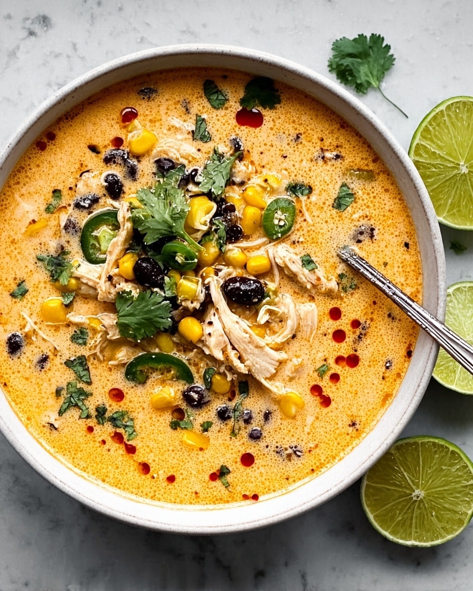 A white bowl filled with creamy orange soup topped with shredded chicken pieces, yellow corn kernels, black beans, and diced green peppers scattered throughout. Fresh green cilantro leaves are placed on top as garnish, with small flecks of black pepper and red chili powder sprinkled over the surface. A silver spoon is partially immersed on the right side of the bowl. On the left side, there are three green lime halves arranged on a white marbled textured surface. The overall look is warm and inviting, with a mix of bright colors and textures. photo taken with an iphone --ar 4:5 --v 7