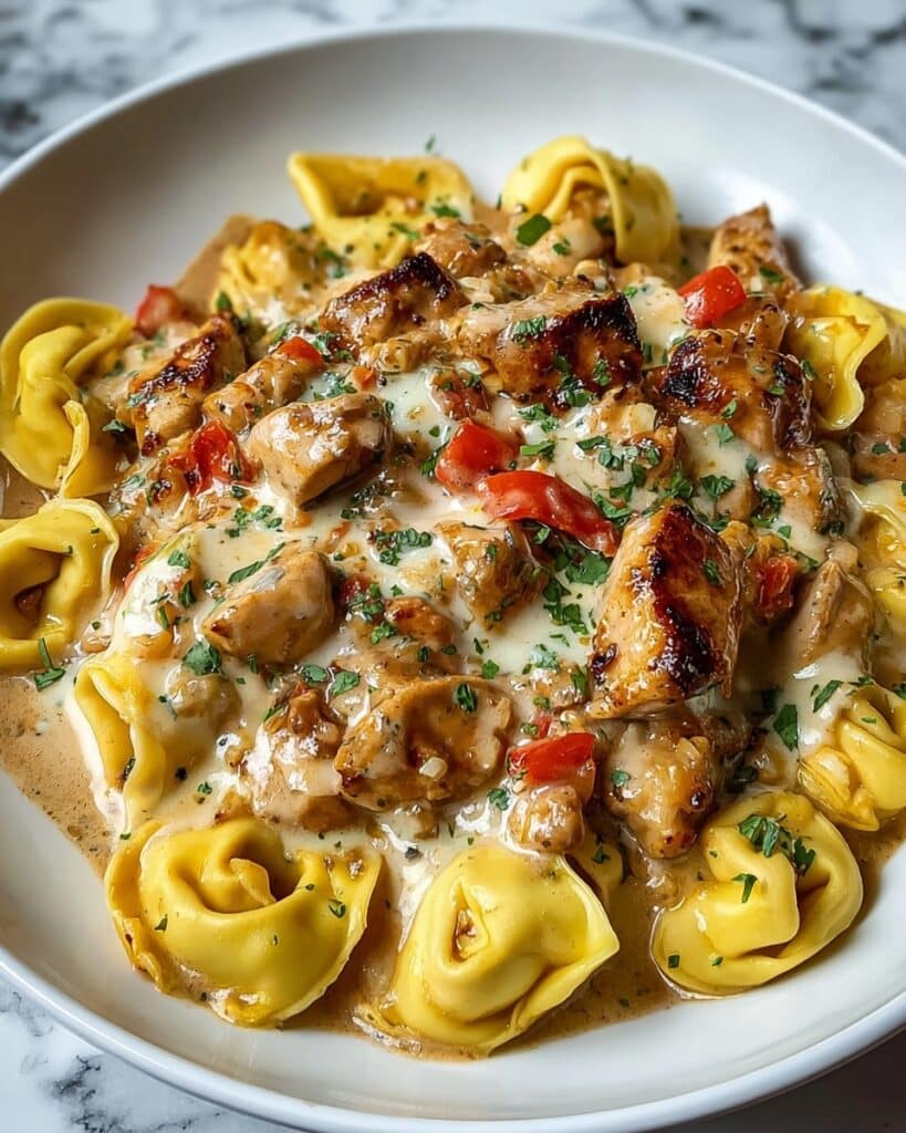 Garlic Chicken Tortellini with Fire-Roasted Red Peppers Recipe