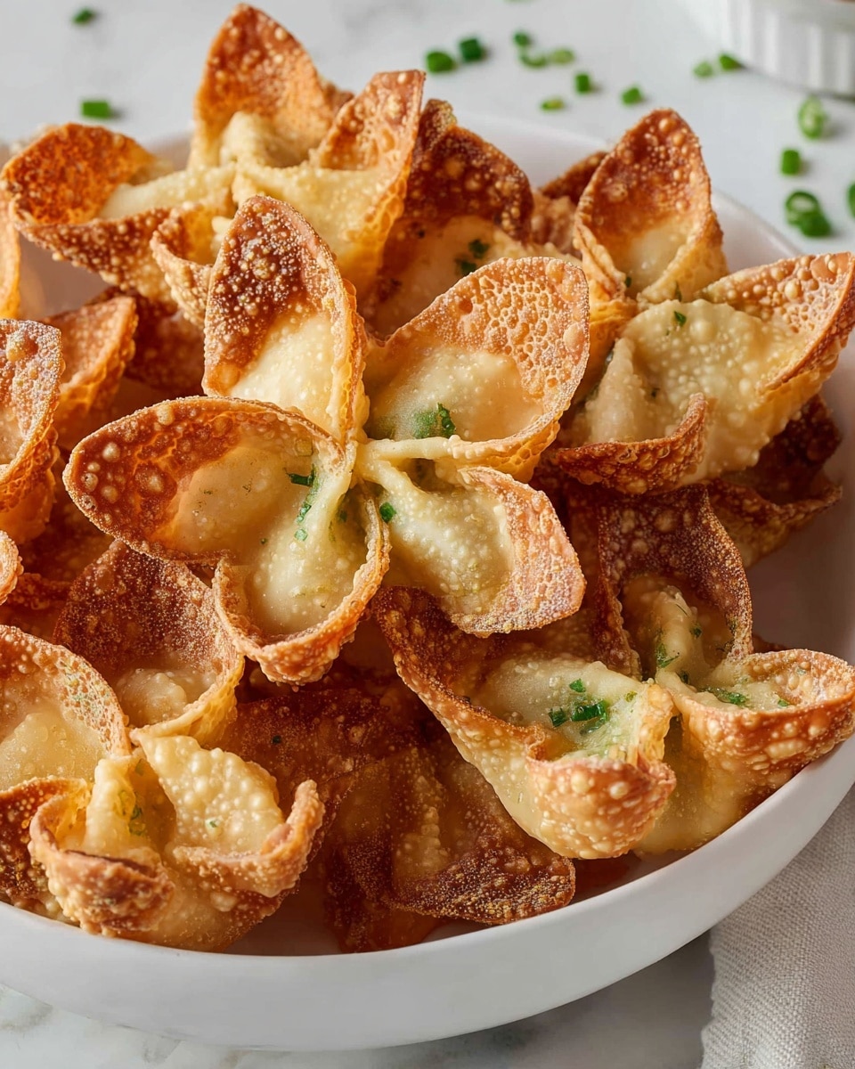 A crispy golden-brown fried wonton shaped like a flower with five textured, bubbly petals is held by wooden chopsticks above a clear glass bowl containing bright red sweet chili sauce sprinkled with small green onion pieces and chili flakes. The bowl sits on a white marbled surface, with scattered bits of green onion around it. The composition highlights the contrast between the crunchy wonton and the smooth, glossy sauce below. Photo taken with an iphone --ar 4:5 --v 7