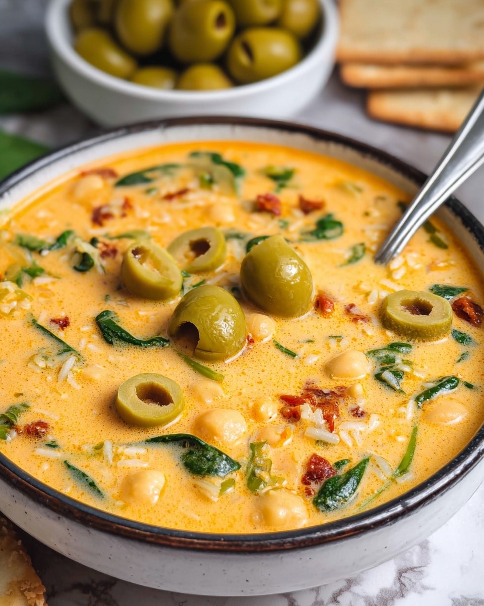 A close-up of a creamy orange soup in a white bowl with a dark rim, filled with sliced green olives, small chickpeas, bits of sun-dried tomatoes, dark green leafy herbs, and rice pieces scattered throughout. A metal spoon rests inside the bowl on the right side, partly submerged in the soup. In the background, a white bowl filled with whole green olives sits on a white marbled surface. The texture of the soup is smooth and slightly thick, with a mix of chunky ingredients floating on top. photo taken with an iphone --ar 4:5 --v 7