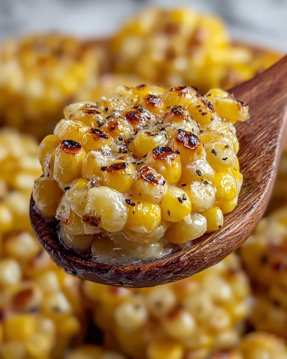 A close-up of roasted corn kernels held by a wooden spoon, the corn is golden yellow with some lightly charred brown spots, glossy with melted butter or cheese, and sprinkled with coarse black pepper, creating a shiny and textured look. More of the roasted corn pieces fill the soft-focus background on a white marbled surface, highlighting a warm, rich, and tasty appearance. photo taken with an iphone --ar 4:5 --v 7