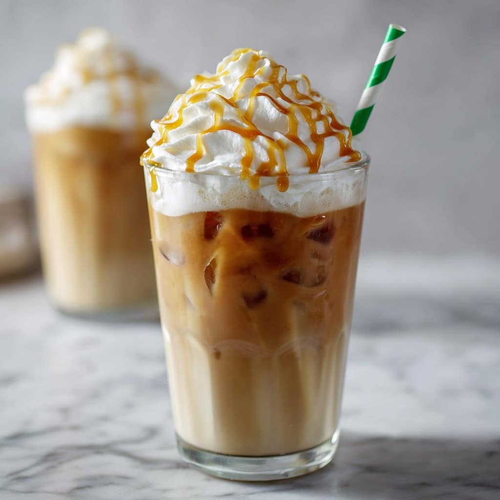 The image shows a clear glass filled with a layered caramel iced coffee. At the bottom is a light brown coffee mix with ice cubes visible. Above that is a thin layer of creamy white foam. The top layer is a large swirl of white whipped cream, generously drizzled with golden caramel sauce that slightly drips down the sides. A green and white striped paper straw stands upright on the right side of the glass. The glass is placed on a white marbled surface with a softly blurred second glass of the same drink behind it. photo taken with an iphone --ar 4:5 --v 7