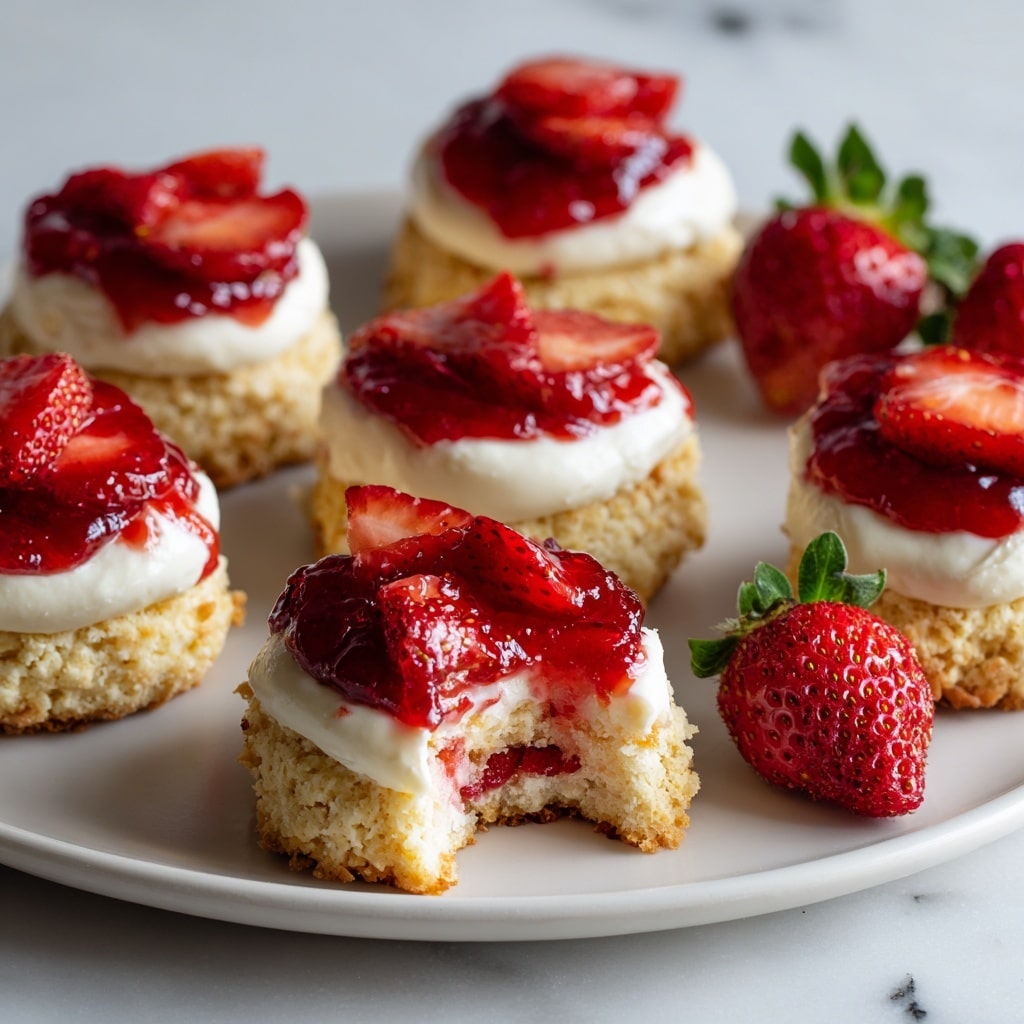 The image shows multiple strawberry shortcake cookies arranged on a white plate with a white marbled surface underneath. Each cookie has three layers: the base is a golden crumbly biscuit with a rough texture, topped with a smooth, thick layer of white cream, and finished with vibrant red strawberry jam and fresh sliced strawberries glistening with a shiny glaze. One cookie is partially eaten, revealing a fresh strawberry piece inside and soft, crumbly texture of the biscuit. Whole strawberries with green tops are scattered around the plate for decoration. Photo taken with an iphone --ar 4:5 --v 7
