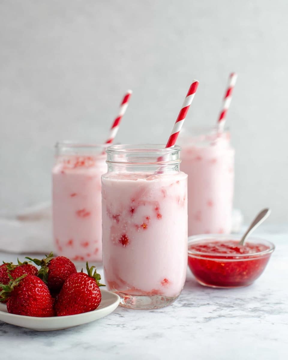 A tall clear glass filled with a creamy light pink drink mixed with small red strawberry pieces throughout. The drink is topped with foam and a layer of bright red chopped strawberry chunks. A clear straw is placed on the right side, inside the glass. The glass sits on a white marbled surface, and in the background, a wooden cutting board with whole strawberries is slightly blurred. photo taken with an iphone --ar 4:5 --v 7