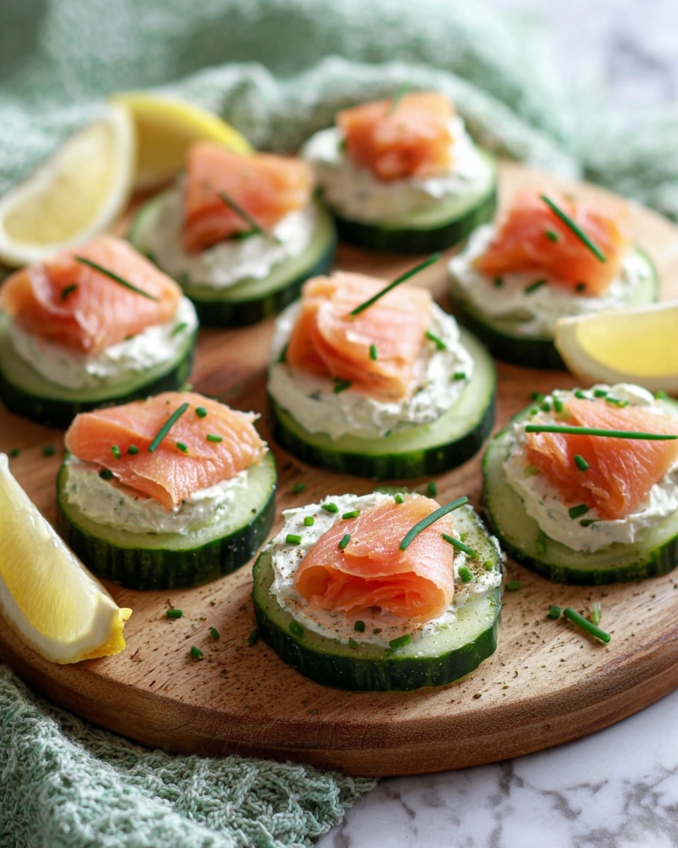 The image shows a white plate filled with several cucumber slices, each topped with a layer of creamy white spread with visible black pepper and herbs. On top of the spread, there is a bright orange piece of smoked salmon, garnished with small green chive pieces. The cucumber slices have a fresh green edge and a moist, smooth texture. Around the plate, there are yellow lemon wedges adding a bright contrast to the colors. The whole setup is placed on a white marbled surface. photo taken with an iphone --ar 4:5 --v 7
