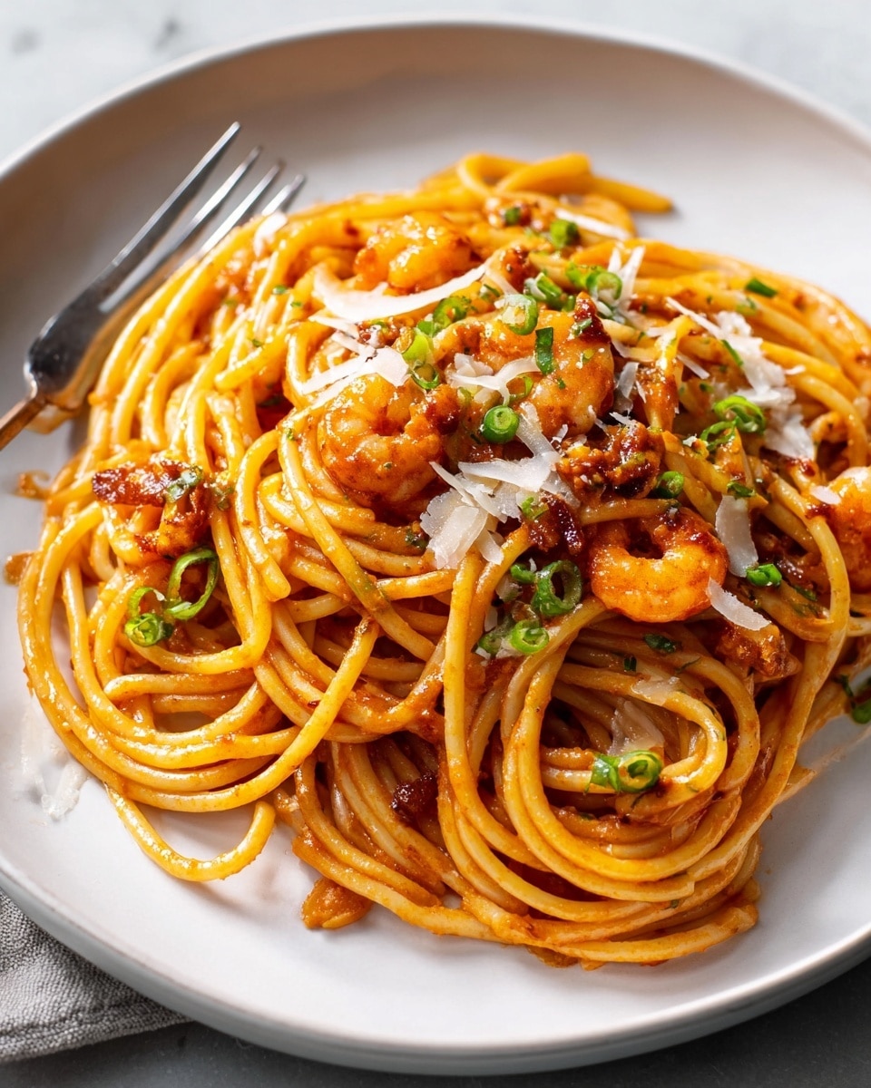 A white plate holds a serving of spaghetti coated in a reddish-orange sauce, mixed with small chunks of browned meat and garnished with thin white cheese shavings and finely chopped green herbs sprinkled on top. A silver fork is resting on the right side of the spaghetti, twirling some of the noodles. In the background, there are two white bowls—one filled with shredded white cheese and the other with chopped green herbs—sitting on a white marbled surface. The scene is bright and the textures of the pasta, sauce, and garnishes are clear and detailed. photo taken with an iphone --ar 4:5 --v 7