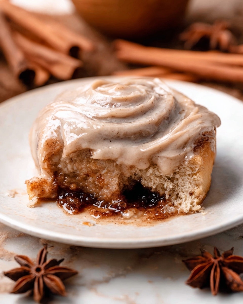 A close-up of a cinnamon roll with a thick, creamy, light brown frosting swirled on top, showing one bite taken from the side which reveals a soft, moist, light brown dough layer underneath. The center oozes with a dark, sticky cinnamon filling that spills slightly onto the white plate beneath. The background includes warm cinnamon sticks and star anise scattered around on a white marbled texture. photo taken with an iphone --ar 4:5 --v 7