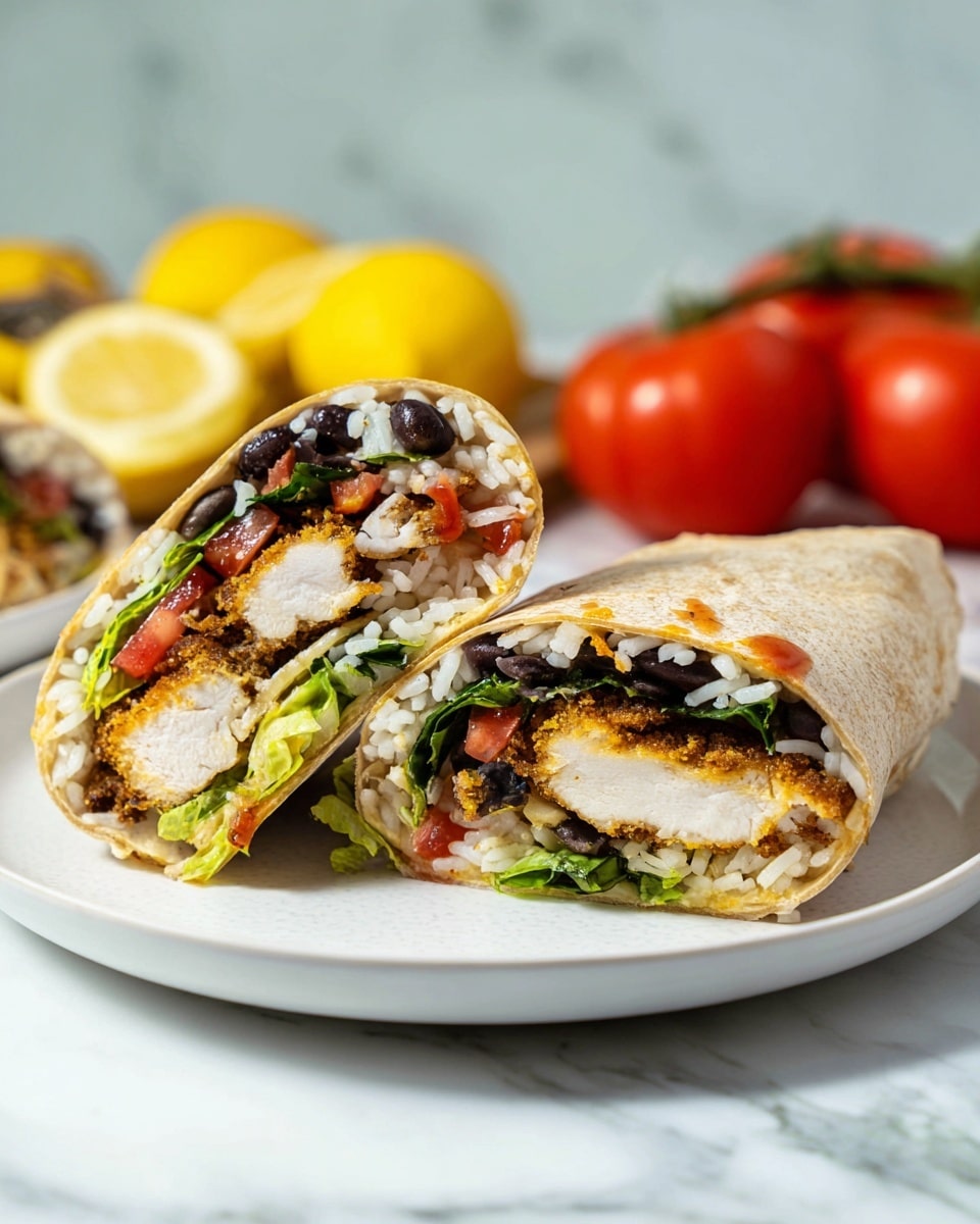Two pieces of a wrap cut in half lie on a white plate, showing four layers inside: a crispy golden brown fried chicken layer, a layer of diced red tomatoes, a layer of white rice mixed with green leafy vegetables, and small black beans, all wrapped in a slightly browned burrito tortilla. In the background, more wrap halves are arranged on a wooden board, with two whole red tomatoes and two lemon halves placed nearby on a white marbled surface. photo taken with an iphone --ar 4:5 --v 7