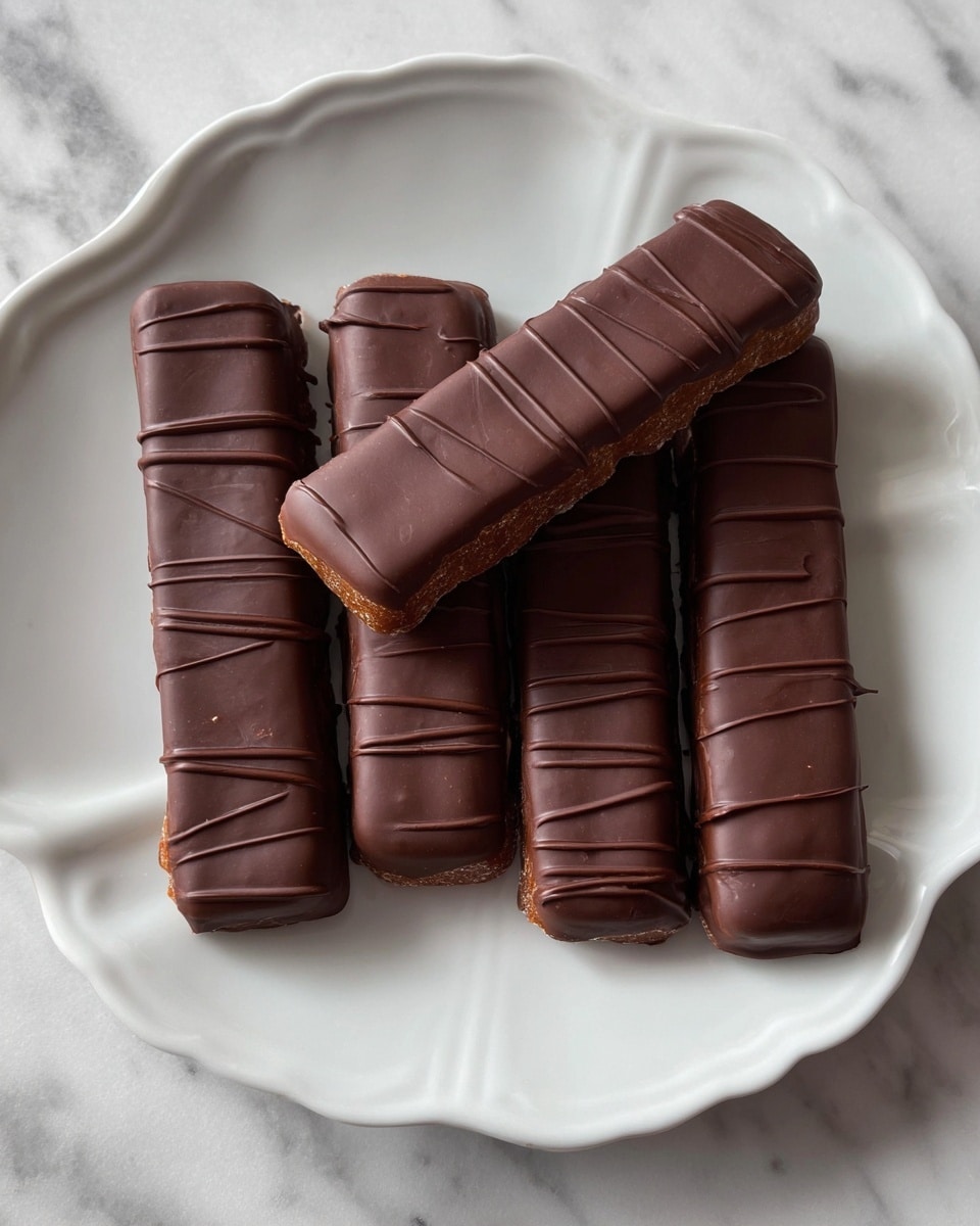 A white plate holds five rectangular chocolate bars arranged close together, with one bar cut in half to show three layers inside: a light brown caramel middle layer, a soft white nougat bottom layer, and a smooth dark brown chocolate coating covering the entire bar. The chocolate coating has subtle ridges on top. The plate sits on a white marbled surface scattered with small dark brown chocolate chips, adding texture to the scene. The lighting highlights the glossy texture of the chocolate bars, making them look rich and delicious. photo taken with an iphone --ar 4:5 --v 7