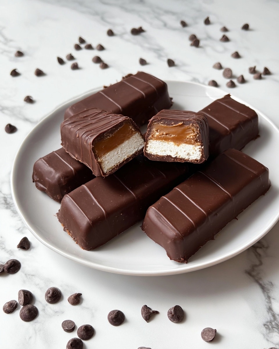 Five long, rectangular chocolate bars are arranged on a white plate with a wavy edge. Four bars lie side by side flat on the plate, with one bar resting on top across the others. Each bar has a smooth, glossy dark brown chocolate coating with thin, slightly raised drizzle lines running lengthwise. The plate sits on a white marbled surface. Photo taken with an iphone --ar 4:5 --v 7