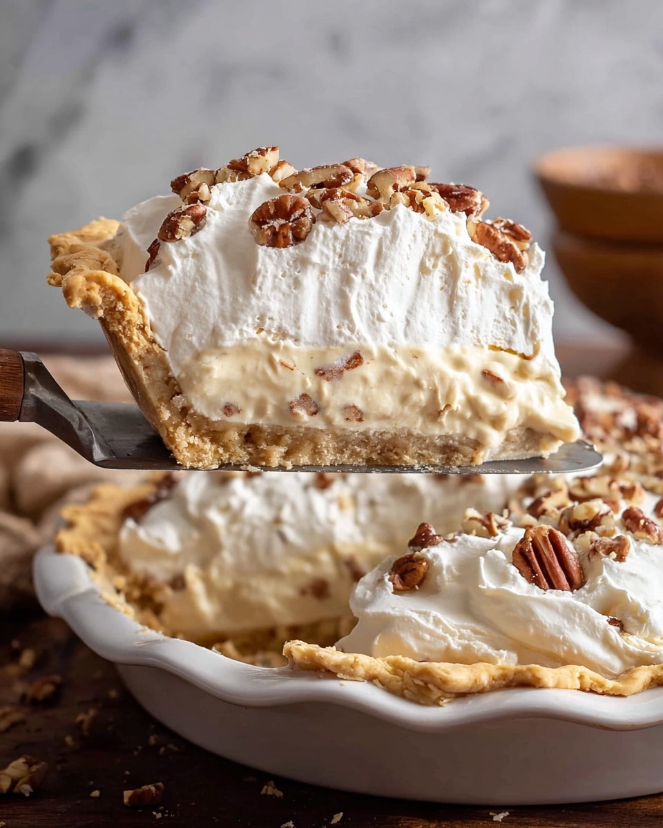 A close-up view of a slice of creamy, layered dessert on a white plate, showing four distinct layers: a light golden crust at the bottom with a slightly crumbly texture, a thick middle layer of pale beige filling dotted with small chunks giving it a textured look, topped by a smooth, fluffy white whipped cream layer, and finished with a sprinkling of chopped pecans on top. Some pecans are also scattered around the base on the plate. The plate rests on a white marbled surface with a soft focus background featuring a beige cup and blurred elements. photo taken with an iphone --ar 4:5 --v 7
