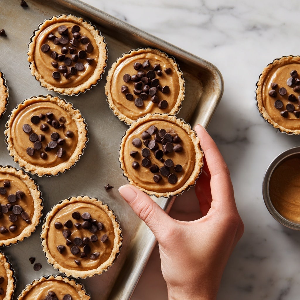 A close-up image shows a pair of woman’s hands holding a small round muffin cup filled with smooth light brown batter topped with small dark chocolate chips spread evenly on the surface. The muffin is in a silver metal baking tray with more cups filled similarly, sitting on a white marbled surface. The texture of the batter is creamy and glossy with a soft look, and each muffin cup is lined with white paper liners, giving a clean and neat appearance. The scene captures the warm, inviting feel of homemade baking. Photo taken with an iphone --ar 4:5 --v 7
