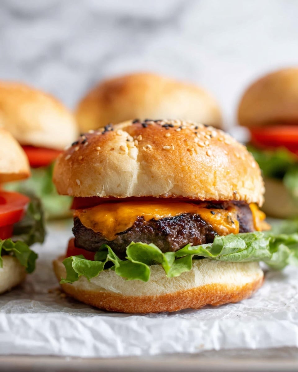 Three shiny golden brown burger buns topped with white sesame seeds are stacked vertically on a white marbled textured surface. The buns have a soft, smooth texture with a slight gloss, and the bottom two buns rest on a sheet of parchment paper on a baking tray, while the top bun sits perfectly balanced. In the background, two more similar buns lie on the same white marbled surface. The scene is bright and clean with soft light highlighting the buns' smooth tops and sesame seeds. Photo taken with an iphone --ar 4:5 --v 7