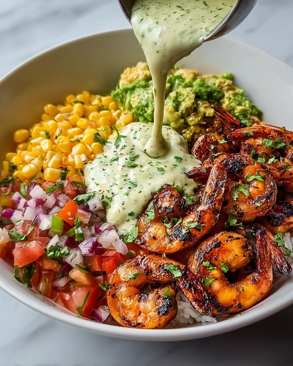 A white bowl contains a colorful shrimp bowl with several distinct layers. The bottom layer is white rice, mostly hidden, topped with a large portion of grilled shrimp on the right side, charred with dark grill marks and sprinkled with chopped green herbs. To the left of the shrimp, there is a pile of bright yellow corn kernels, next to creamy mashed avocado with a chunky texture. Above these, a mix of diced red tomatoes, red onions, and finely chopped green peppers adds vibrant color. In the middle, creamy green sauce with herbs is being poured over the layers, creating a thick flow from above. The bowl sits on a white marbled surface. photo taken with an iphone --ar 4:5 --v 7