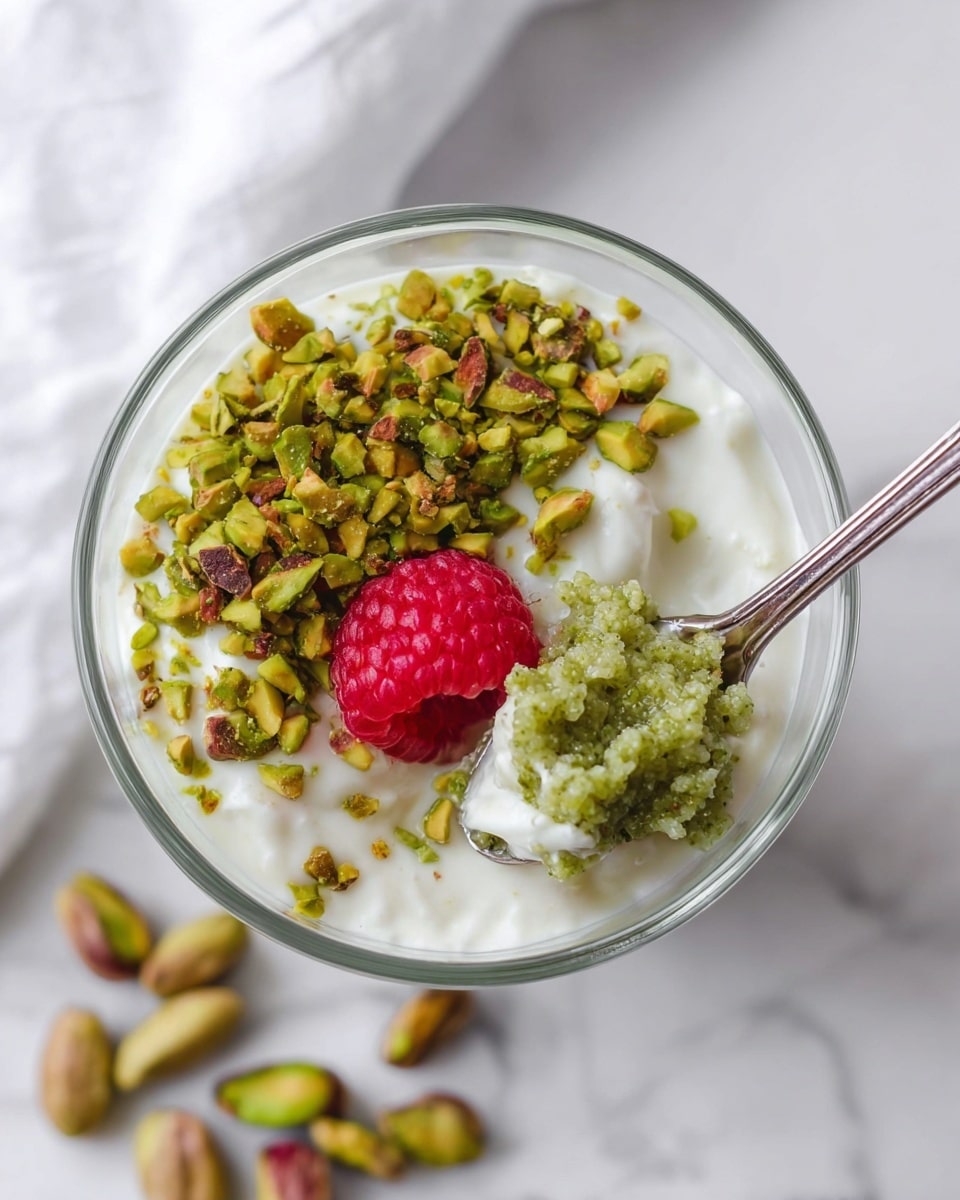 A small clear glass cup with two distinct layers: the bottom layer is a thick, textured green mixture with small chia seeds visible throughout, and the top layer is a smooth white cream. The white cream layer is generously sprinkled with chopped pistachios, adding a mix of green and brown colors on top, and a single, plump red raspberry is placed at the center. Around the glass on a white marbled surface are several whole pistachios. Photo taken with an iphone --ar 4:5 --v 7