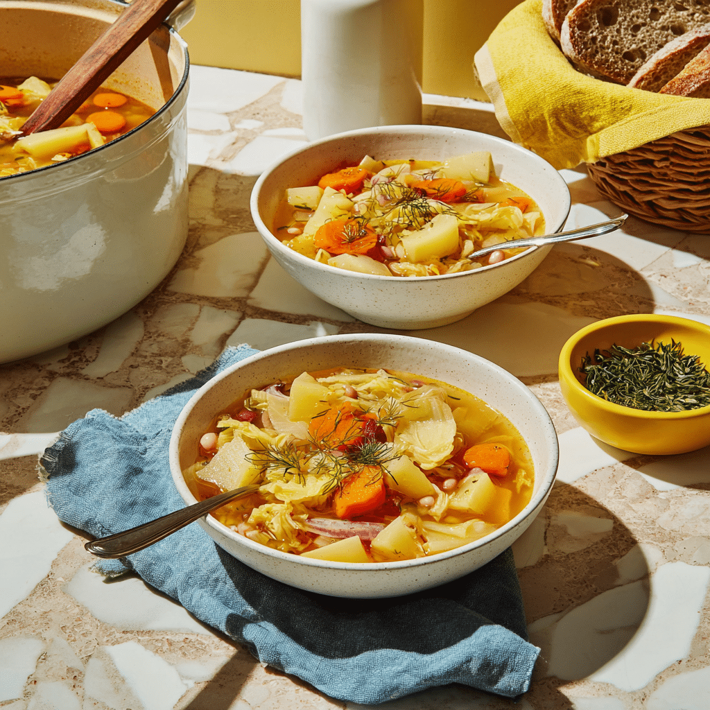 Two white bowls of vegetable soup sit on a white marbled tile table with a yellow tint, each filled with layers of chunky ingredients including orange carrots, pale yellow potatoes, white beans, cabbage, and bits of tomato in a light orange broth. The soup is topped with scattered green herbs and a small sprig of fennel. Each bowl has a silver spoon resting inside. One bowl is placed on a folded blue cloth napkin. A large white pot filled with the same soup, with a wooden spoon inside, is partially visible on the left. To the top right, there is a white basket lined with a yellow cloth napkin holding slices of bread. A small yellow bowl filled with chopped green herbs sits near the bowls. The setting is bright with natural light. Photo taken with an iphone --ar 4:5 --v 7