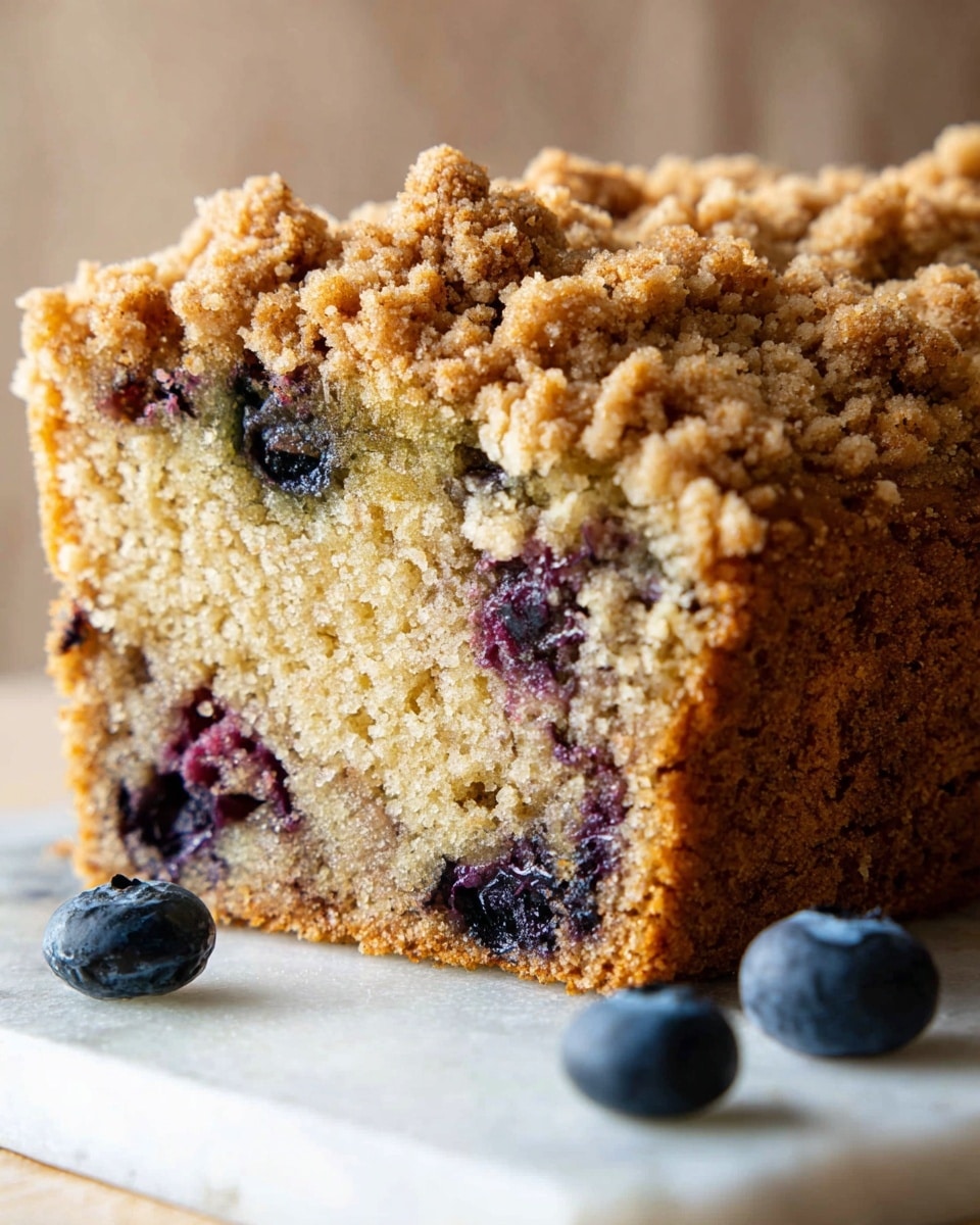 The image shows a loaf of blueberry crumb bread sliced into several pieces. The bread has two main visible layers: a golden-brown crumb topping that looks crunchy and textured, and a moist, light beige interior filled with scattered dark blue and purple blueberries. The slices are placed on a white marbled surface, with one slice sitting on a white rectangular board. To the side, there is a white bowl with more blueberries and a blue cloth partially visible. In the corner, bright yellow flowers add a pop of color to the scene. photo taken with an iphone --ar 4:5 --v 7