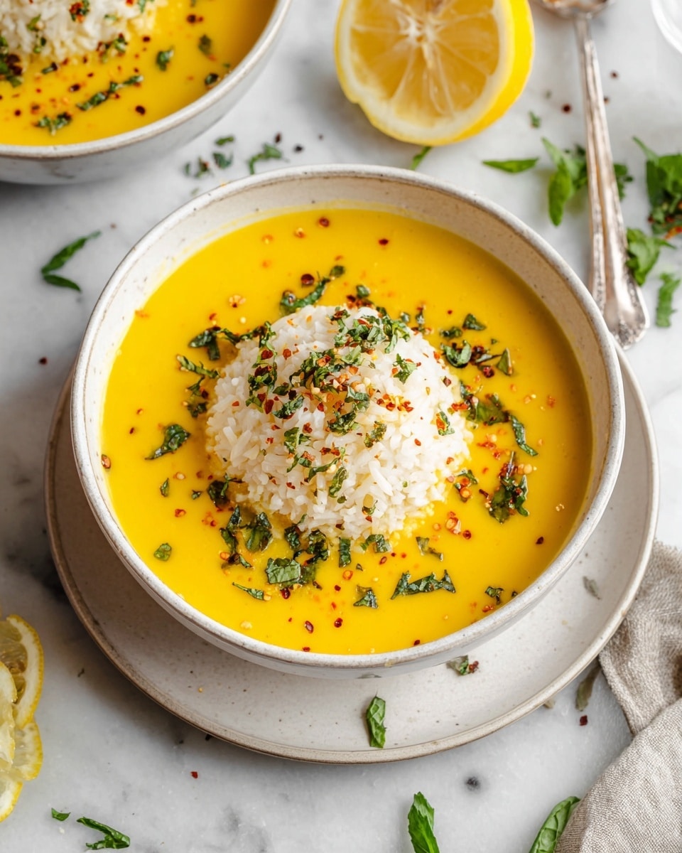 A white bowl filled with a smooth bright yellow soup forms the base layer, with a mound of white, fluffy rice placed neatly in the center. The rice is garnished with small green herb pieces and red chili flakes, adding specks of color across the top. The bowl is set on a white marbled surface alongside a halved lemon and scattered herb leaves, giving a fresh and natural feel. In the background, a second bowl with the same dish is partially visible. The overall look is fresh, clean, and inviting. photo taken with an iphone --ar 4:5 --v 7
