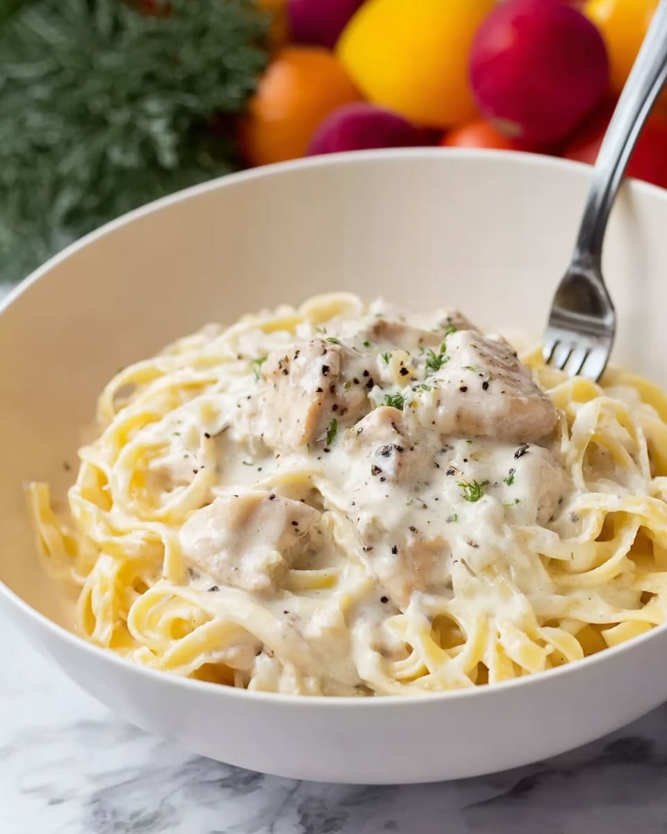The image shows a close-up of creamy fettuccine pasta in a white bowl, with thick layers of smooth, pale yellow sauce evenly coating the flat noodles. Small pieces of tender white chicken and bits of chopped green herbs are mixed throughout the pasta, adding texture and color contrast. The sauce looks rich and velvety, clinging to each strip of pasta, while some black pepper specks are visible on top. The bowl is placed on a white marbled surface, creating a clean and bright background. photo taken with an iphone --ar 4:5 --v 7