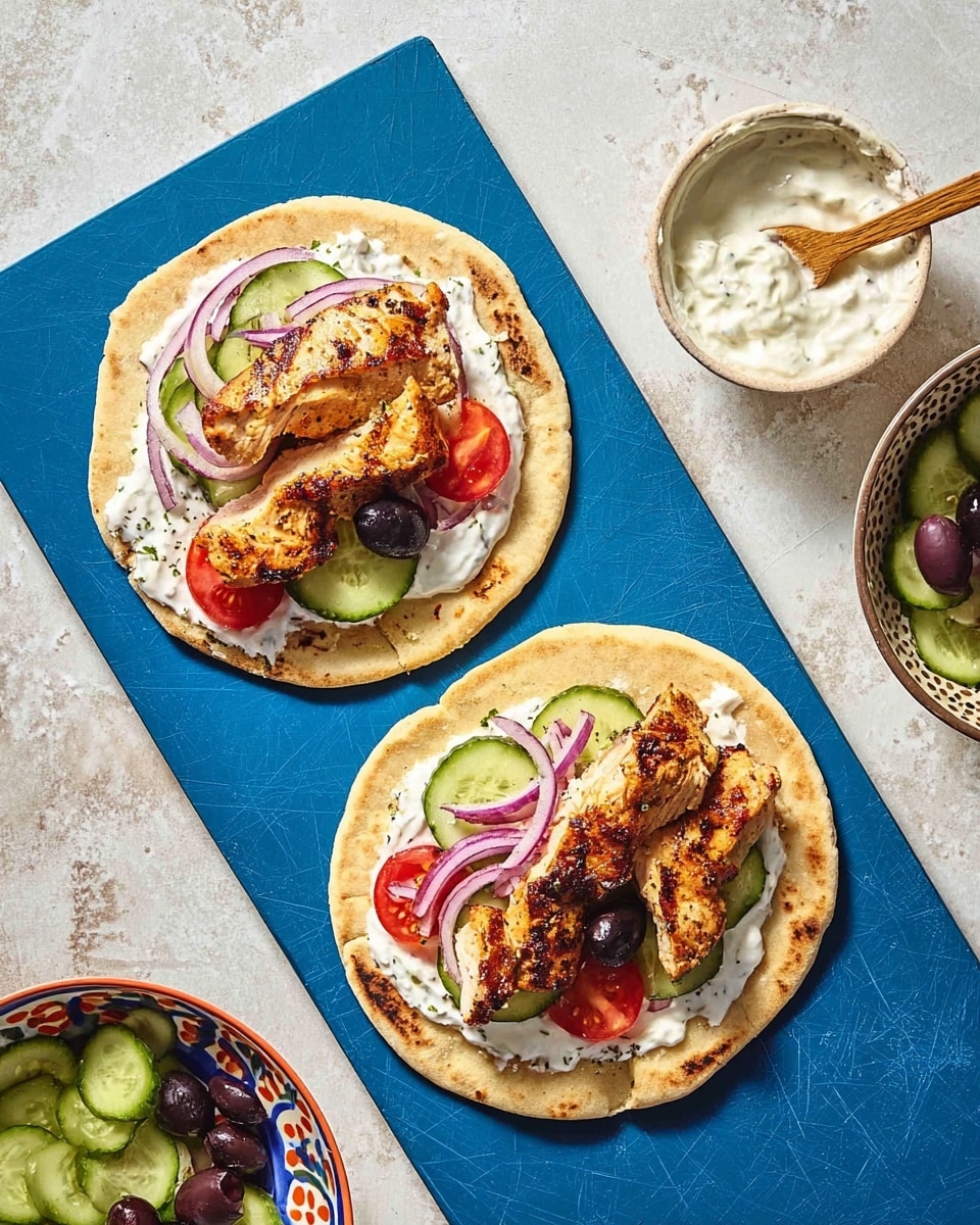 Two flatbreads lie on a blue cutting board over a white marbled textured surface. On the left flatbread, there is a base layer of white creamy sauce topped with two pieces of grilled chicken, one black olive, cucumber slices, tomato slices, thin red onion, and green pepper strips arranged neatly on one side. The right flatbread holds two grilled chicken pieces on a spread of white creamy sauce and two black olives. Above the flatbreads is a small bowl filled with a thick white sauce and a wooden spoon inside it. Partly visible to the right is a patterned bowl with cucumber slices, red onion rings, and black olives. photo taken with an iphone --ar 4:5 --v 7