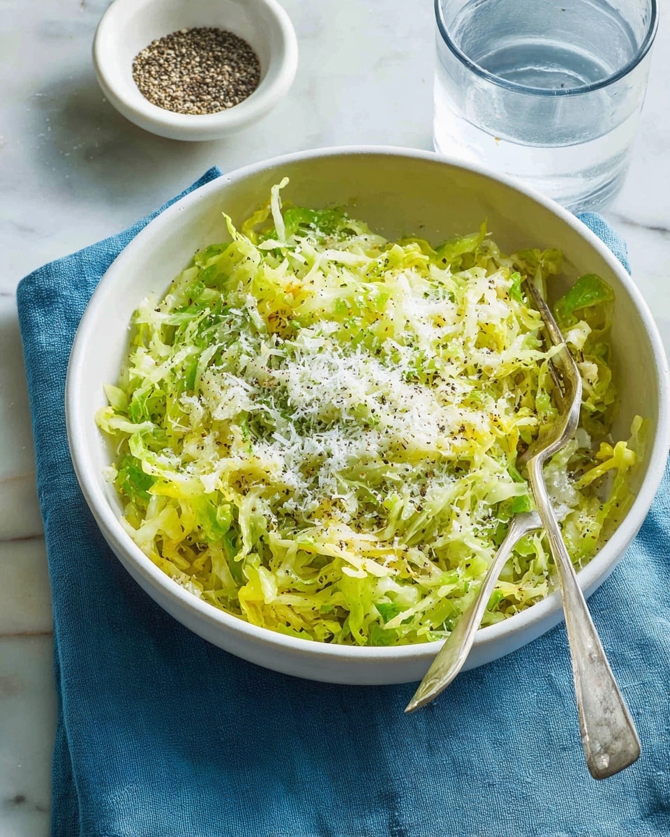 A large blue oval plate filled with finely shredded bright green cabbage, topped with white grated cheese and specks of black pepper spread evenly across the surface. On the right side of the plate rests a silver spoon with decorative handles, partially covered by the cabbage salad. The scene sits on a white marbled texture with a small white bowl containing ground black pepper visible in the top right corner. photo taken with an iphone --ar 4:5 --v 7