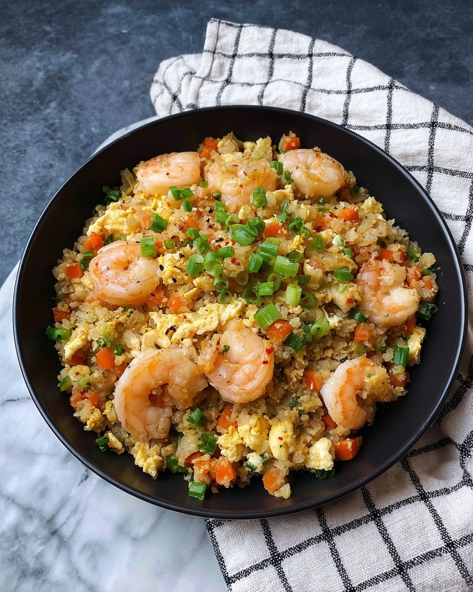 A black bowl filled with a dish of fried cauliflower rice mixed with small diced carrots, green onions, and scrambled eggs. On top, there are several pink cooked shrimp placed evenly, with some chopped green onions sprinkled over the dish. The bowl sits on a white marbled surface with a white cloth featuring black checkered lines in the background. photo taken with an iphone --ar 4:5 --v 7