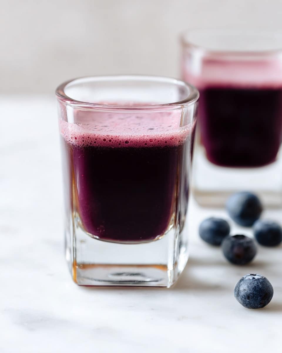 Two clear square glasses are filled with a frothy, deep purple smoothie that has small bubbles on the surface. The glasses sit on a white marbled surface scattered with fresh blueberries and thin slices of yellow ginger. The bright colors of the fruit contrast with the smooth white background, making the smoothie stand out. photo taken with an iphone --ar 4:5 --v 7