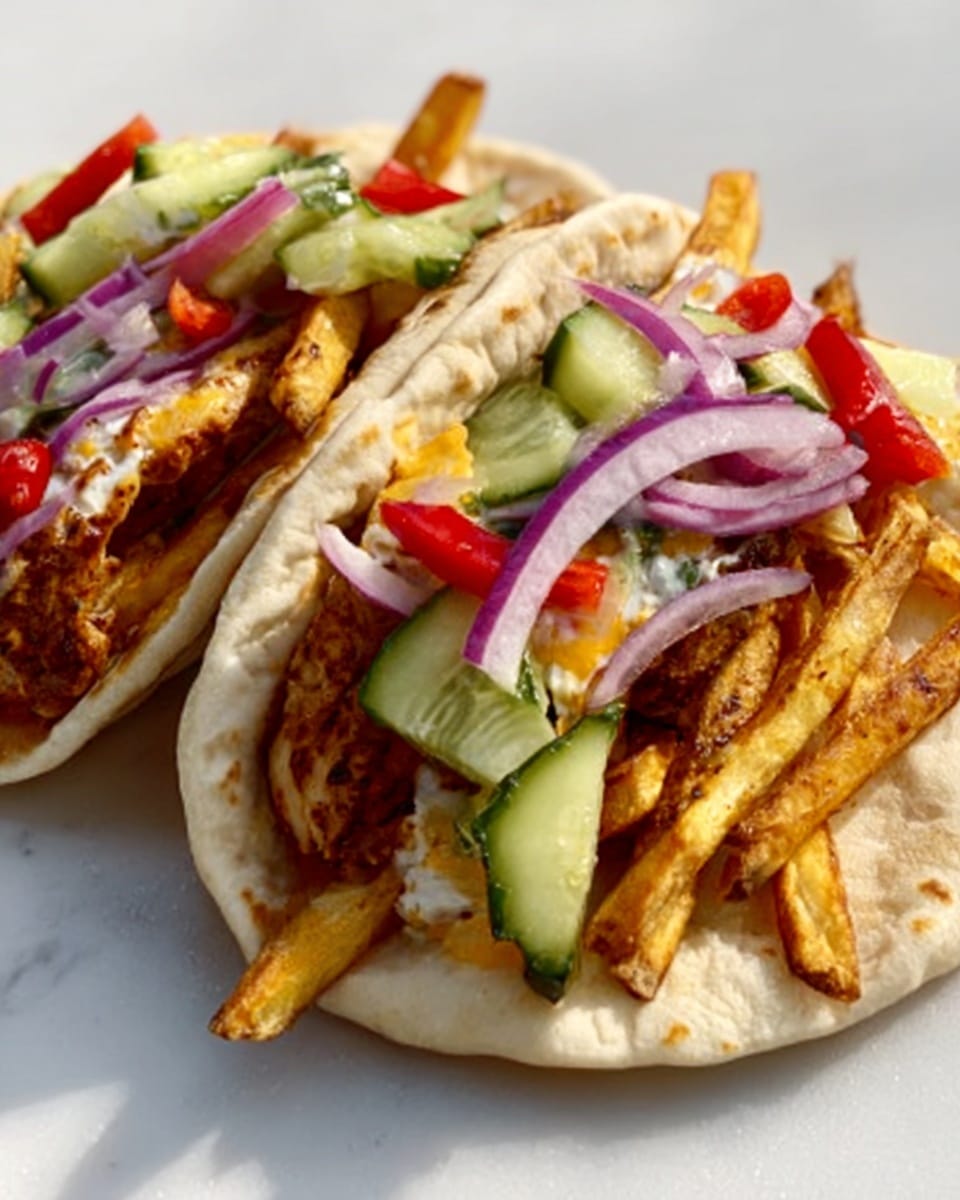 Two wraps placed on a white plate on a white marbled surface, each wrap made with soft, light golden flatbread slightly browned in spots. Inside, layers of grilled chicken pieces with a spicy reddish-brown crust form the base, topped with creamy white sauce spreading from the bottom to the top. Bright green slices of cucumber and bell pepper add a fresh crunch, along with thin slices of deep red tomato and purple-red onion rings. Dark purple olives add a pop of color near the front of the wraps. The wraps are partly wrapped in white paper at the back. Photo taken with an iphone --ar 4:5 --v 7