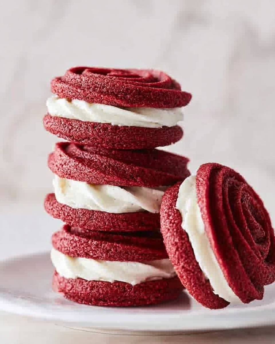 The image shows a stack of four red velvet sandwich cookies with white cream filling. Each cookie has two layers of rich, deep red, rose-shaped textured dough with a smooth, thick white cream spread in the middle. The top cookie is slightly tilted, and one cookie leans against the stack on a white plate. The background has a soft white marbled texture. photo taken with an iphone --ar 4:5 --v 7