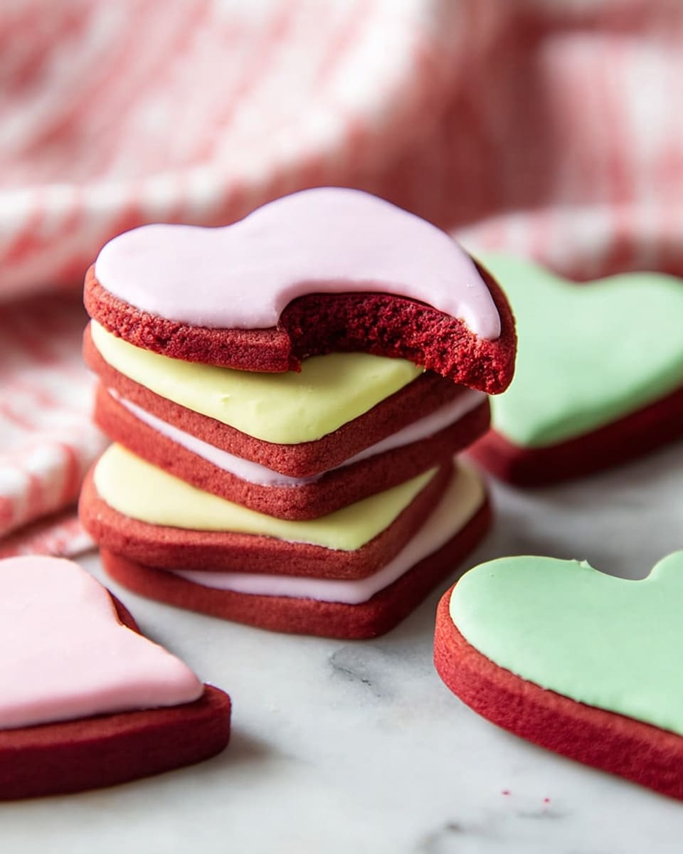 A stack of heart-shaped cookies with three visible layers, each cookie with a red base and smooth icing on top. The top layer is a pink heart-shaped cookie with a small bite taken out of the right side, showing the red cookie base underneath. Below it, there is a cream-colored heart-shaped cookie and a pale green one, all stacked on a white marbled surface. Additional heart-shaped cookies in pink, cream, and green icing are scattered around. A red and white striped cloth is partially visible on the right side. Photo taken with an iphone --ar 4:5 --v 7