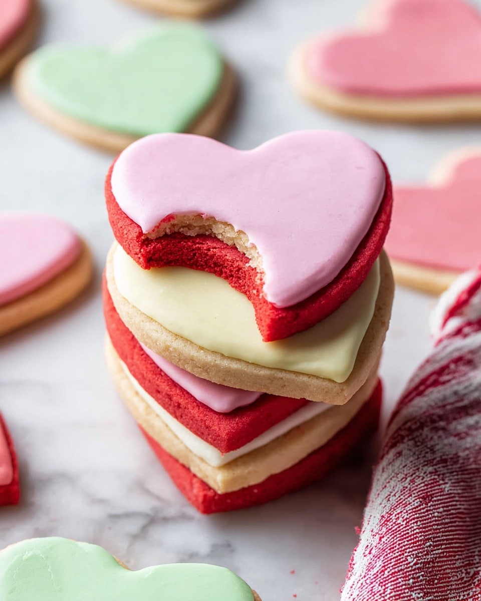 A stack of heart-shaped cookies with three visible layers each, the bottom layer is a deep red cookie, the middle layer is smooth pastel-colored icing in pink, green, or light yellow, and the top layer is a thick, smooth icing of matching pastel color. The top cookie in the stack is pink with a bite taken out, revealing the red cookie beneath. A few more cookies with pastel green and pink icing lie flat on a white marbled surface beside the stack, with a pink and white striped cloth softening the background. The lighting is bright and natural, highlighting the rich colors and textures. photo taken with an iphone --ar 4:5 --v 7