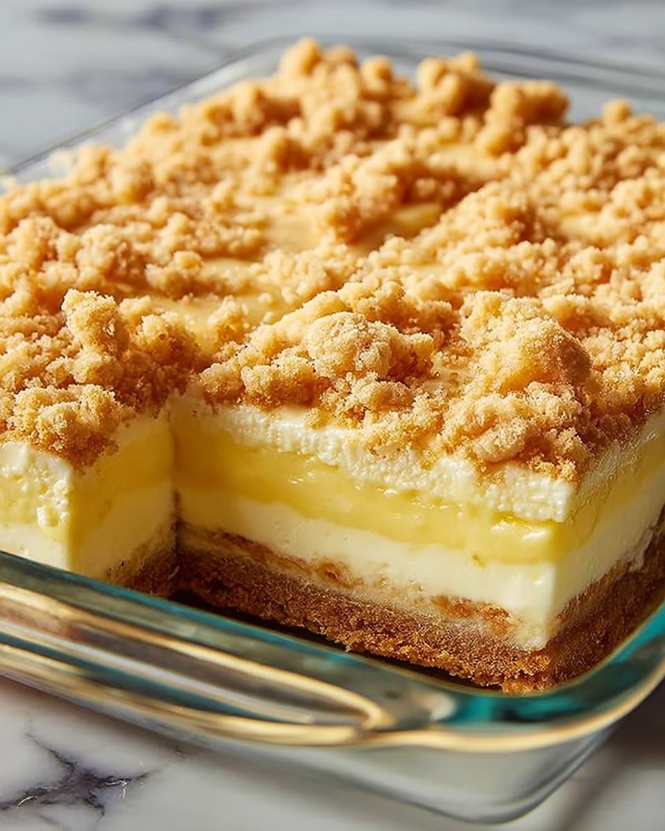 A close-up of a dessert in a clear glass rectangular dish showing three layers: the bottom layer is a thick, crumbly, golden-brown crust, the middle layer is a smooth, creamy white filling, and the top layer is a glossy yellow custard with a crumbly, golden-brown streusel lining the edges and sprinkled on top. The dish is set on a white marbled textured surface. Photo taken with an iphone --ar 4:5 --v 7
