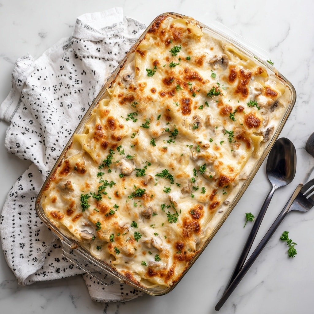 The image shows a large rectangular glass baking dish filled with creamy baked pasta. The top layer is covered with melted golden-brown cheese, slightly bubbling and browned in spots, garnished with small green parsley leaves evenly spread across the surface. The pasta beneath appears to be wide noodles coated in a thick white sauce with visible bits of mushrooms mixed in. The dish is placed on a white marbled surface, next to a white cloth with small black patterns and black-handled serving utensils. Photo taken with an iphone --ar 4:5 --v 7
