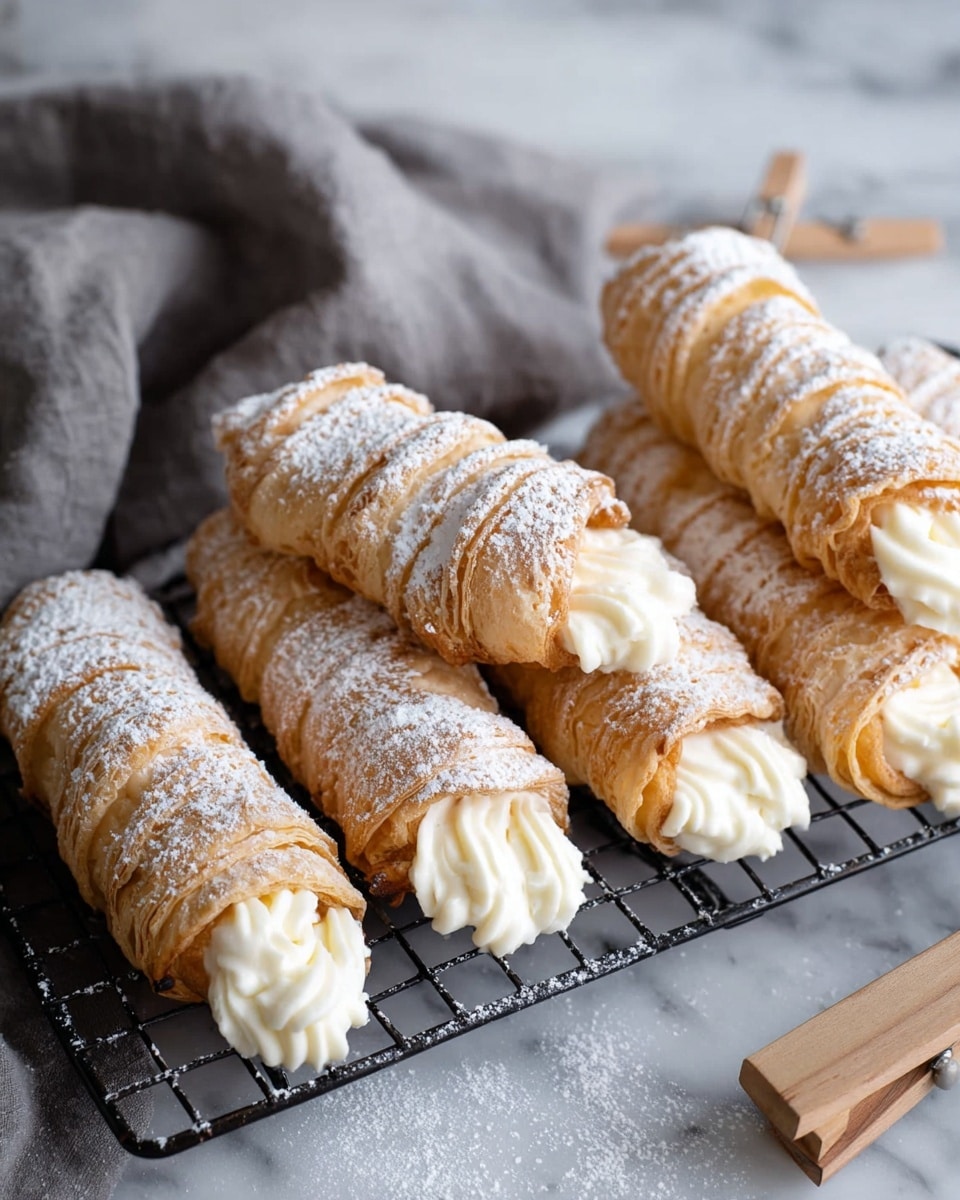 A close-up view of a stack of ten light golden-brown cream-filled rolls arranged in two layers on a metal wire rack, with five rolls forming the bottom layer and five balanced on top. Each roll is tightly wrapped, showing visible spiral layers and topped with piped white cream that has a soft, swirled texture, slightly powdered with sugar. The rolls sit on a cool white marbled surface, with soft natural light highlighting the texture of both the pastry and creamy filling. Photo taken with an iphone --ar 4:5 --v 7