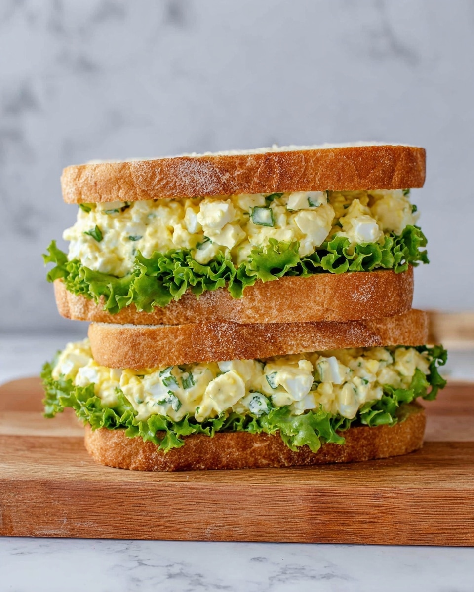 A double-layered egg salad sandwich features two slices of soft, golden-brown bread with a slightly crusty texture. Between the slices, there are fresh, bright green curly lettuce leaves, providing a crisp base. On top of the lettuce, a creamy, pale yellow egg salad filling is thickly spread, showing small chunks of egg white and bits of green herbs mixed in, adding texture and color contrast. The sandwich is stacked neatly and placed on a wooden cutting board, with a white marbled texture background visible below. photo taken with an iphone --ar 4:5 --v 7