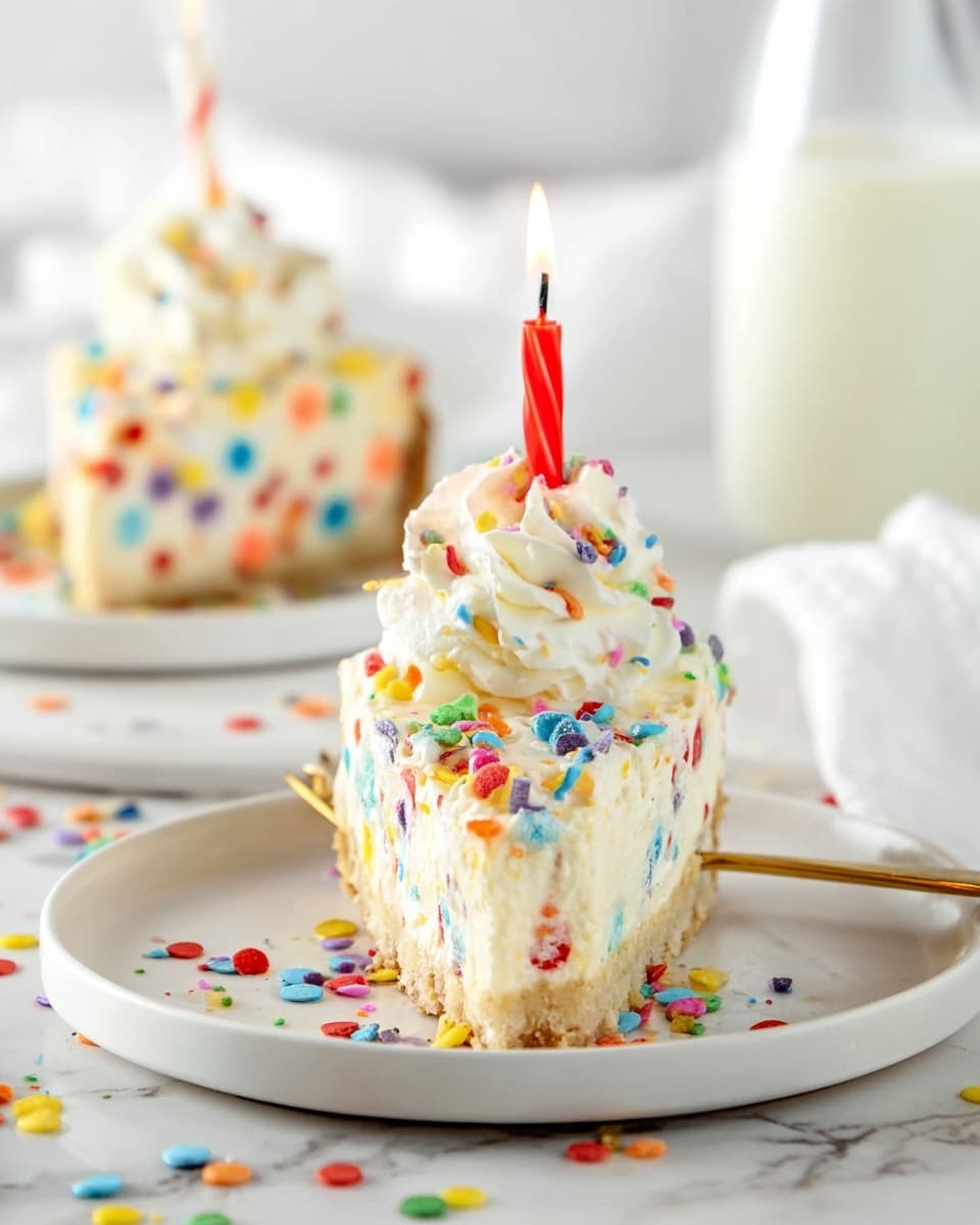A slice of creamy cake with a light beige crust layer at the bottom, topped with a thick, white creamy layer mixed with colorful round confetti sprinkles covered inside and on top, finishing with a white whipped cream swirl and a lit red and white striped candle standing in the center; the slice sits on a white plate with scattered colorful round confetti sprinkles around it on a white marbled surface, with a blurred background showing another blurred cake slice with similar decoration and a bottle of milk. photo taken with an iphone --ar 4:5 --v 7