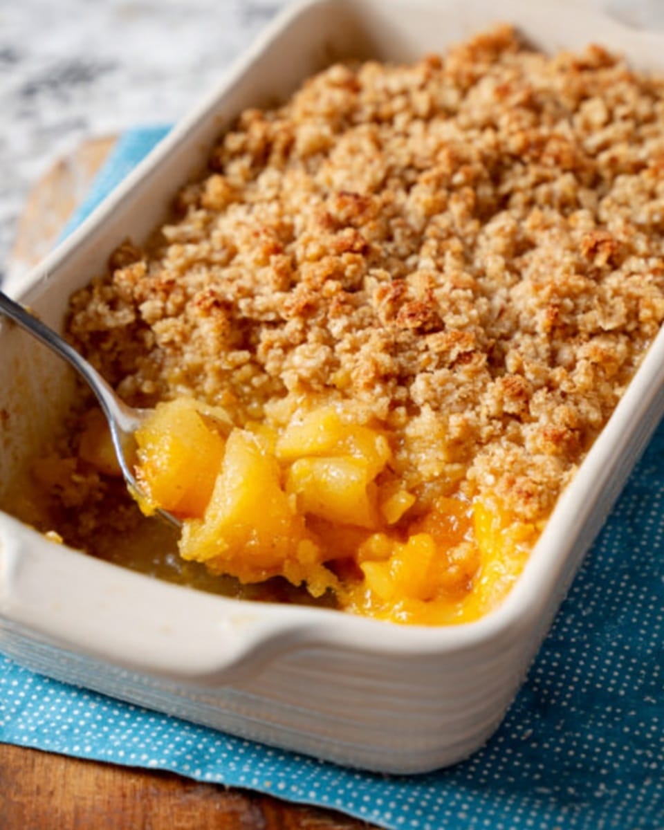 A close-up image of a rectangular white baking dish filled with a layered apple crumble dessert. The bottom layer shows soft, yellowish apple chunks mixed with melted orange-yellow cheese or topping, while the top layer is a golden brown, crumbly oat mixture with a rough texture. A spoon in the baking dish is scooping a portion, revealing the warm, juicy apples beneath the crunchy top. The dish sits on a wooden table with a blue and white dotted cloth nearby, and the background is a white marbled texture. photo taken with an iphone --ar 4:5 --v 7