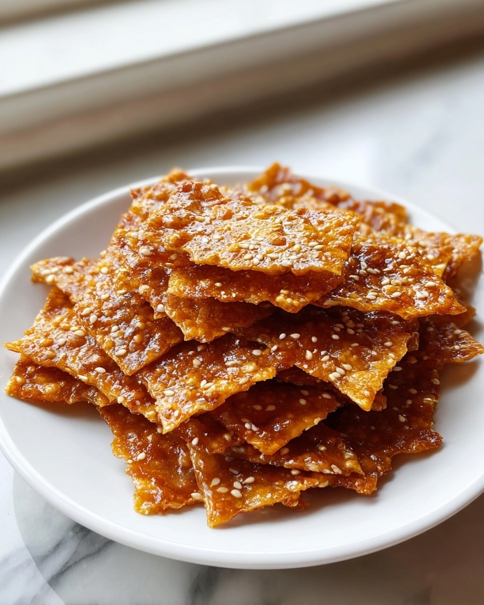 A white plate holds a stack of thin, crispy, golden-brown chips with a shiny, sticky glaze, giving them a slightly caramelized look. The chips are uneven and jagged on the edges, and sprinkled all over with small, round, light-colored mustard seeds, adding texture. The chips are piled high in several layers, showing their rough, bubbled surface with some darker caramel spots. The plate sits on a surface with a white marbled texture, and soft natural light highlights the glossy, crunchy texture of the chips. photo taken with an iphone --ar 4:5 --v 7