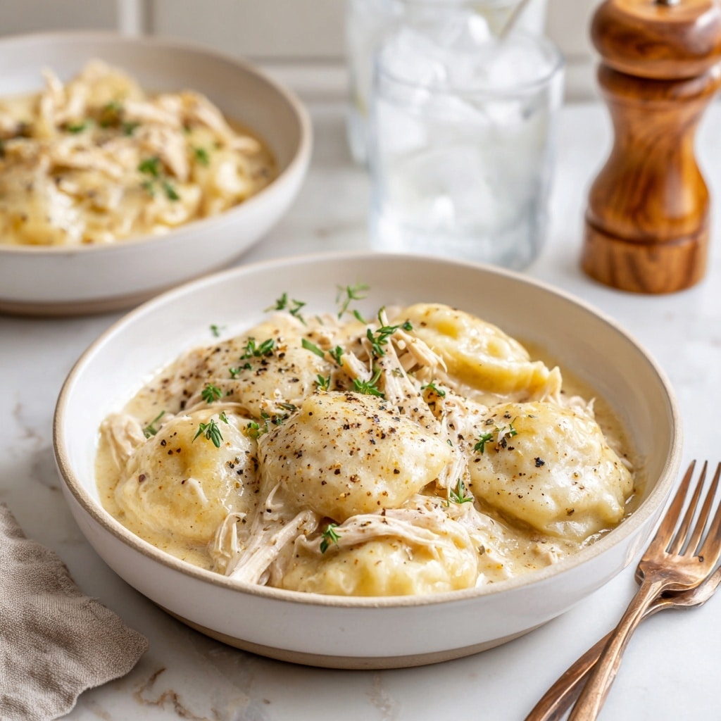 A white bowl filled with thick, creamy chicken and dumplings. The dish has soft, pale dough dumplings layered on top of shredded white chicken pieces, all coated in a smooth, light beige sauce with a slightly glossy texture. Black pepper is sprinkled evenly over the top, adding small dark specks contrasting with the pale sauce. Another similar bowl is partially visible in the background on a white marbled surface, accompanied by a glass of water with ice cubes and a wooden pepper grinder. The scene looks bright and fresh, focused on the warm, comforting meal photo taken with an iphone --ar 4:5 --v 7