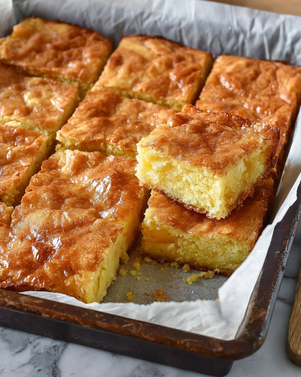 A tray of golden brown, square-cut bars with a flaky and slightly cracked top layer that looks shiny and crispy. Each bar shows two thick layers: a darker golden-brown base and a lighter yellow inside layer that appears soft and moist. One bar is lifted up, showing its three-dimensional thickness and crumbly texture. The bars rest on white parchment paper inside a dark baking tray, all placed on a white marbled surface. Photo taken with an iphone --ar 4:5 --v 7