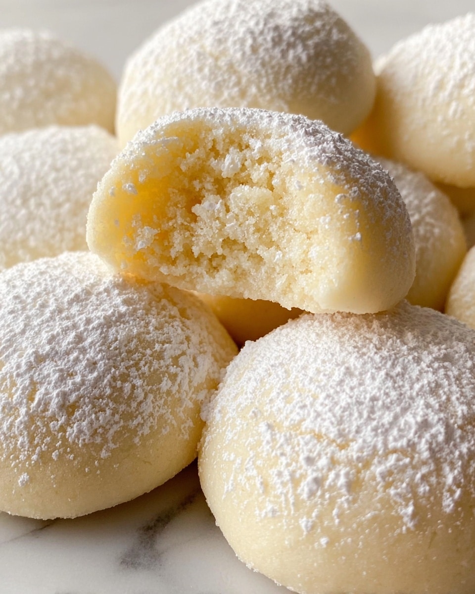 The image shows a close-up of soft, round cookies covered in a light layer of white powdered sugar. The cookies have a smooth, pale yellow surface with a slightly crumbly texture visible on one cookie that is broken open at the top, revealing a soft, moist, and fluffy inside. The cookies are placed closely together on a white marbled texture surface. The overall look is delicate and light, with soft lighting highlighting the powdery sugar and the crumbs of the broken cookie. photo taken with an iphone --ar 4:5 --v 7