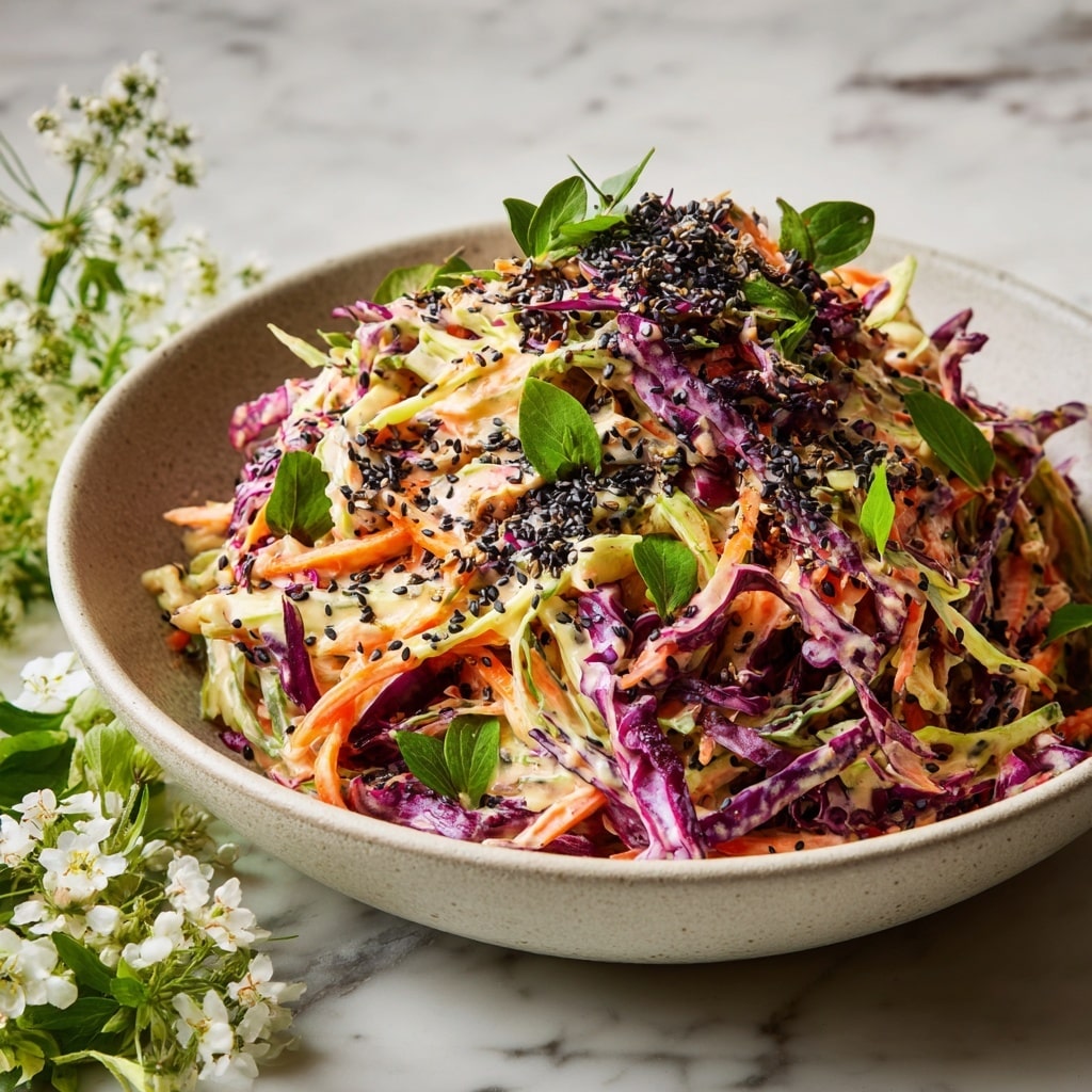 A round, white bowl filled with a layered salad that has thin, shredded pieces of purple cabbage and orange carrot mixed with pale green cabbage, creating a colorful base layer. The salad is coated in a light creamy sauce that pools slightly at the bottom, giving a smooth texture. On top, a generous sprinkle of small, black sesame seeds adds contrast and texture, with a few sprigs of fresh green herbs scattered for garnish. A woman's hand is holding the bowl from the side against a white marbled surface. photo taken with an iphone --ar 4:5 --v 7