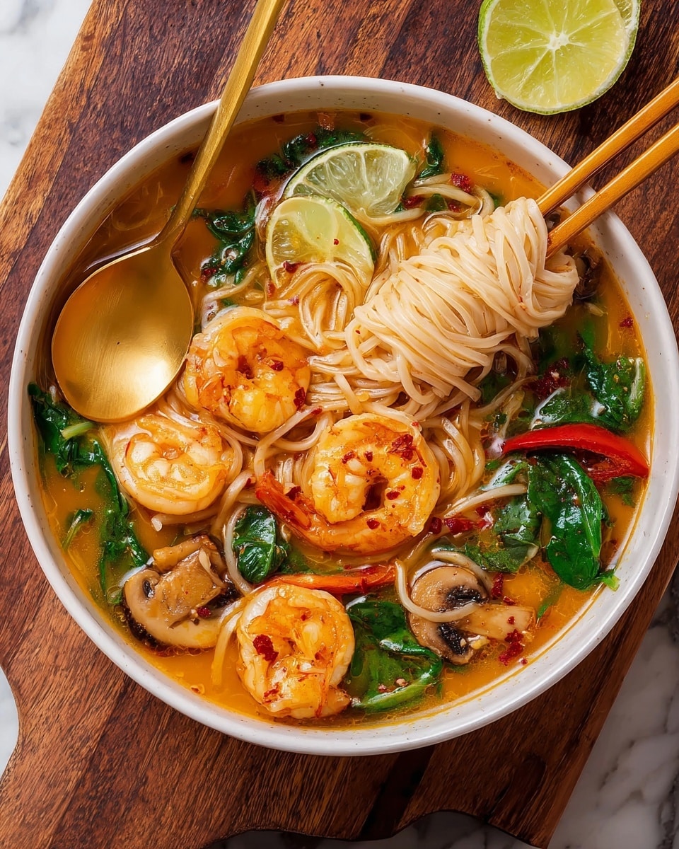 A white bowl filled with a rich orange broth as the base layer, with visible red chili flakes sprinkled on top. Thin, light-colored noodles are placed over the broth, some gathered in a small bundle near the center-left with a wooden chopstick holding them. Large pink shrimp with slight grill marks are arranged across the bowl, along with green spinach leaves, sliced mushrooms, and thin strips of red bell pepper scattered throughout. Several lime wedges rest on the noodles, adding a touch of yellow and green. A golden spoon lies on the left side of the bowl, partially submerged in the broth, with some spinach and broth on it. The bowl is placed on a wooden board set against a white marbled textured surface. photo taken with an iphone --ar 4:5 --v 7